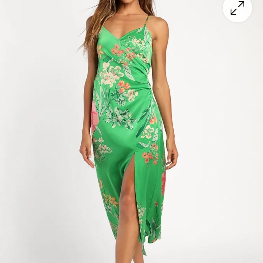 Lulus Remarkable Entrance Green Floral Print Satin Midi Dress